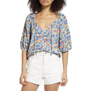 Nordstrom Treasure & Bond Blouse Top Viscose Floral Loose fitting Plunge Neck
